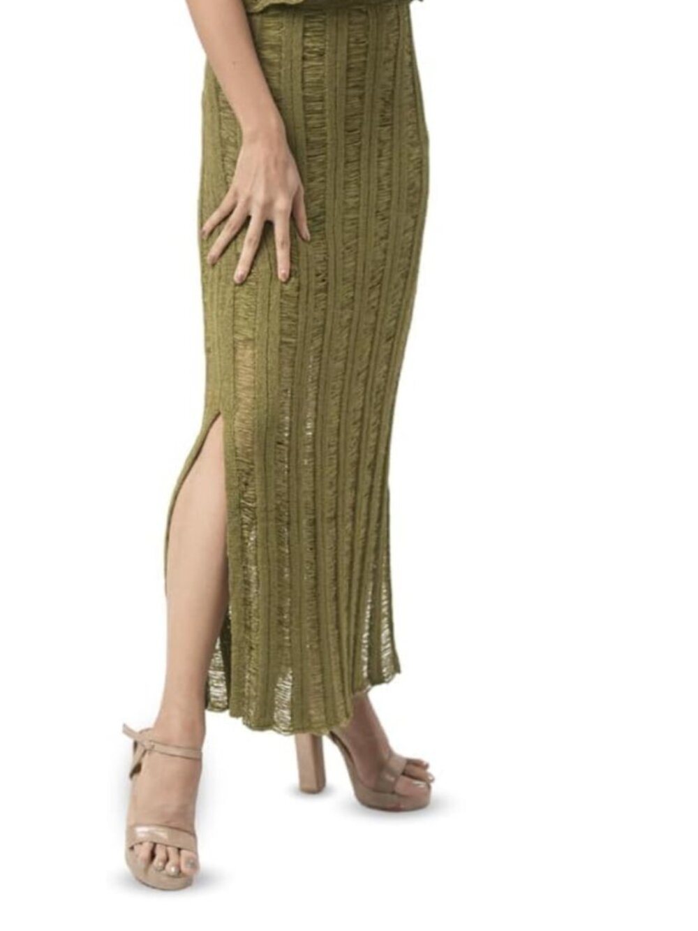 Novelle Olive Green Open Knit Ribbed Maxi Sweater Skirt Size L